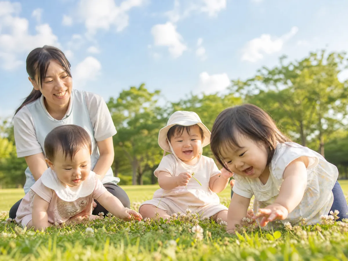 園庭でお外あそびを楽しむ子どもたちと保育士